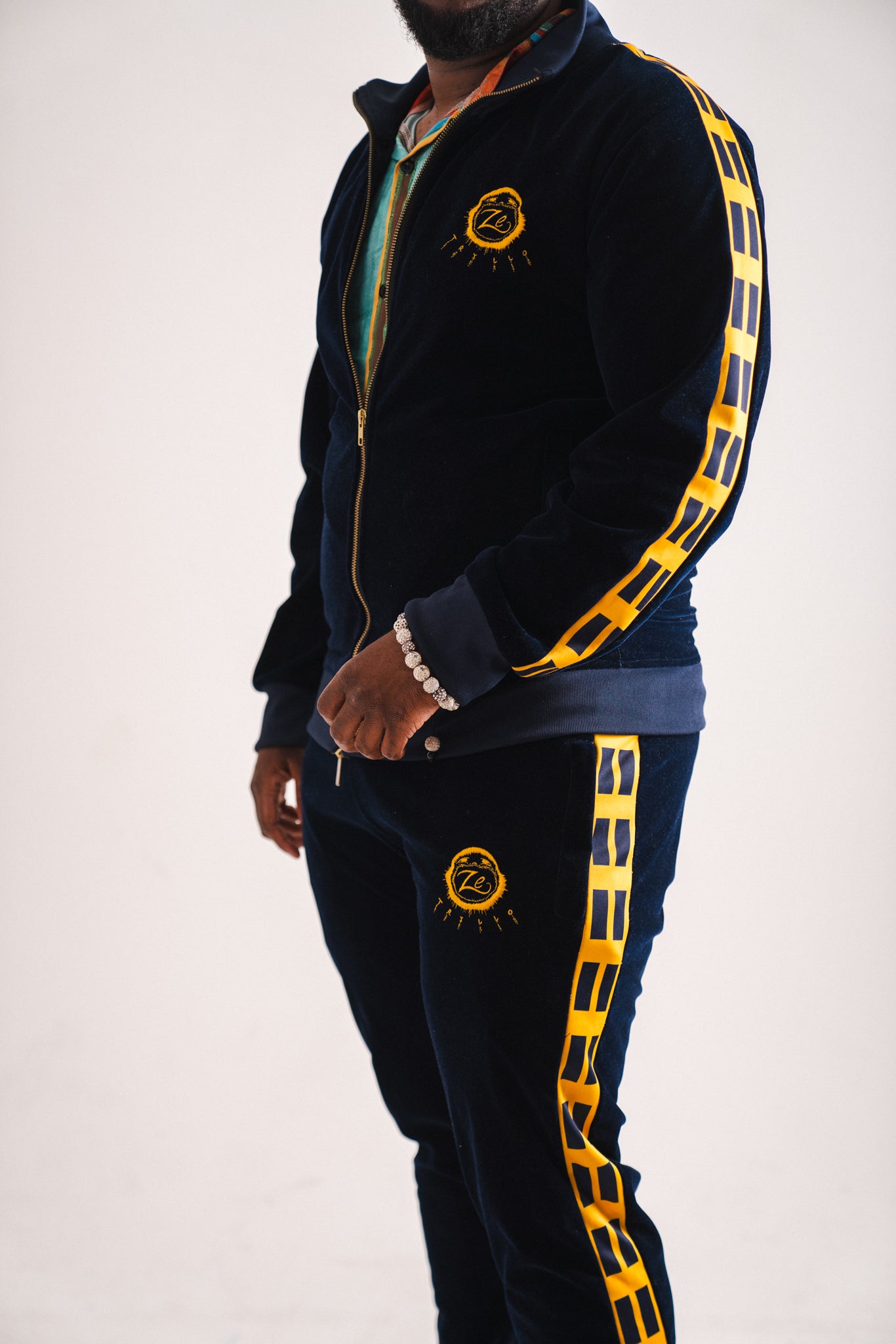 Luxury Velour Tracksuit: Navy Blue & Dark Yellow Edition