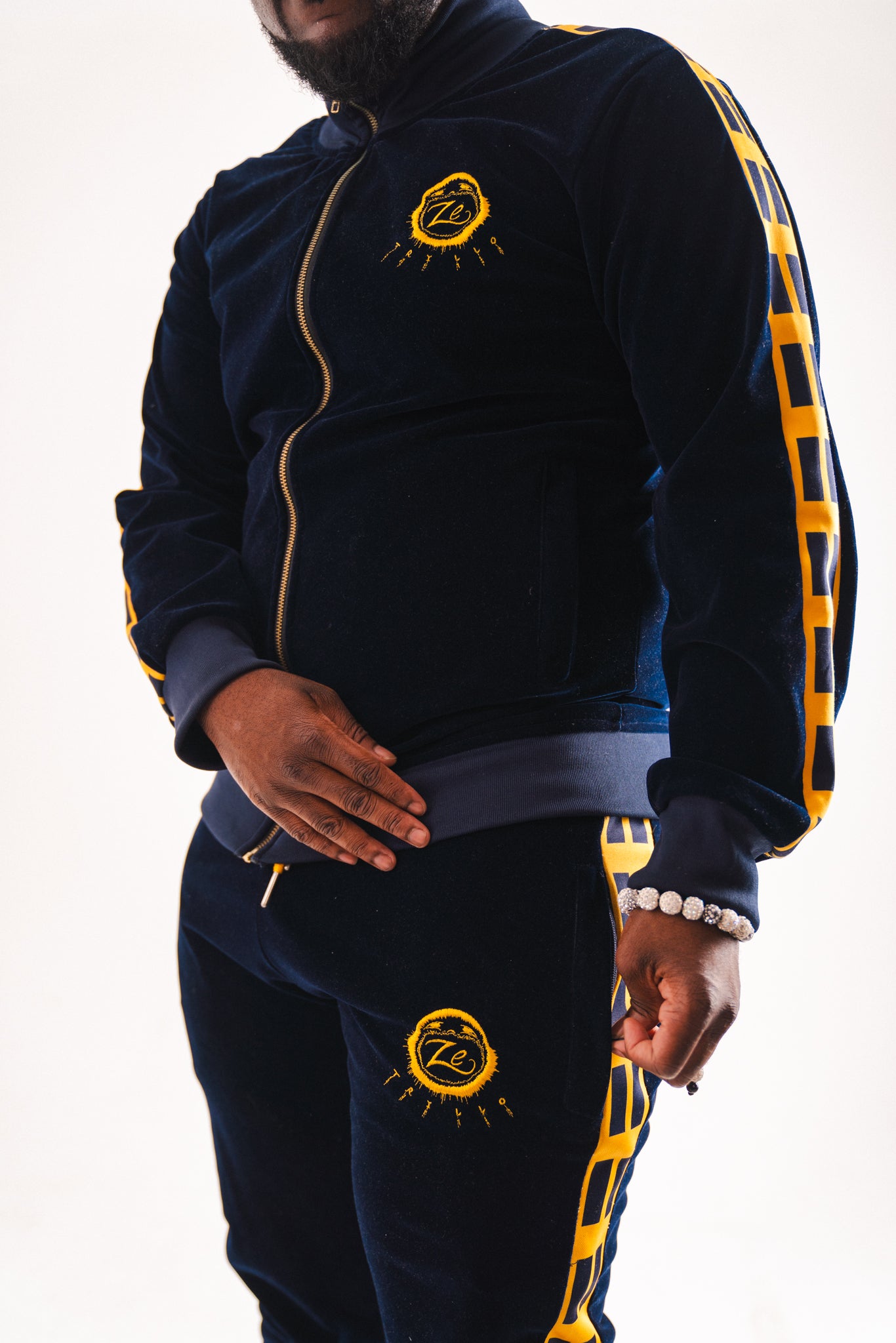 Luxury Velour Tracksuit: Navy Blue & Dark Yellow Edition